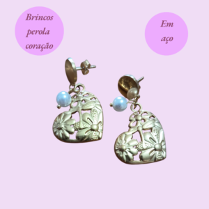 brincos perola coração ouro aço